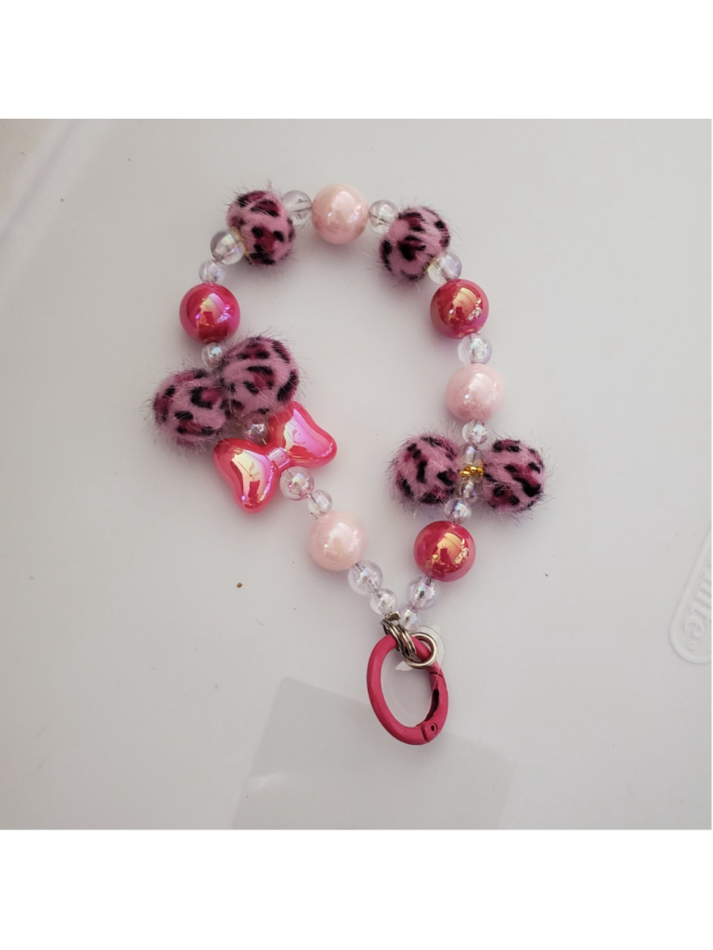 Cute Pink and Black Leopard Print with bow and Beaded Phone Lanyard